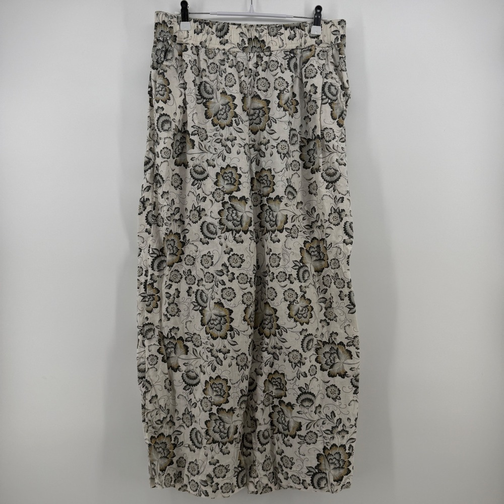 Tahari Womens Floral Print 100% Linen Wide Leg Pants Size Large Black White